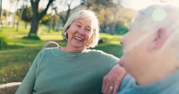交谈和一对老夫妇在公园聊天 退休日期和爱情 夏天的时候 关心和一个年长的男人和女人坐在自然的长椅上进行交流 粘合或在一起 — 图库视频影像
