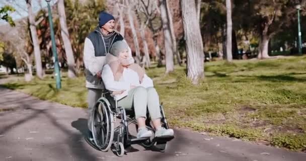 Ancianos Pareja Silla Ruedas Con Paseo Parque Para Jubilación Felicidad — Vídeo de stock