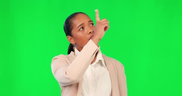 Comparación Pantalla Verde Señalando Mujer Negocios Pensando Decisión Corporativa Promoción — Vídeos de Stock