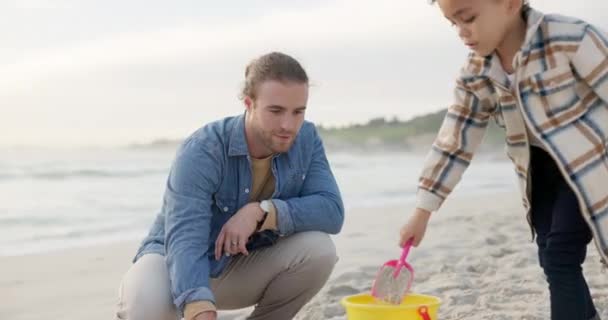 砂の城 創造的なゲーム 休日に役立つためにビーチで遊んで 父と子供 夏の海で一緒に休暇を過ごすための子供とギアを持つ家族 異人種間のお父さん — ストック動画