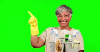 Terfi, temiz ve yeşil ekran ve evde bakım için sepetli reklamlara bakan bir kadın. Temizlik hizmeti, kimyasal ve kadın kişi konteynırda hijyen için malzeme bulunduruyor.