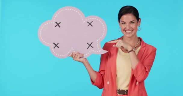 Dobře Žena Bublinou Řeči Modrém Pozadí Pro Komunikaci Nadšený Dokonalý — Stock video