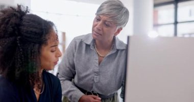Eğitim, geri bildirim ve takım çalışması, bilgisayar başındaki kadınlar proje yöneticisiyle teklif için koçluk konusunda tartışıyorlar. İnternette yardım, planlama ve beyin fırtınası, yeni açılan ofiste çalışan kadın akıl hocası