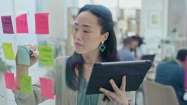 Asyalı kadın, tablet ve yazılar planlama için cam tahtaya ya da ofisteki yapışkan işler için. İş yerindeki proje planı için beyin fırtınası, strateji veya zihin haritası teknolojisi olan bir kadın.
