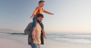 Uçak, rahatla ve baba oğluyla birlikte kumsala seyahat et, mutlu ve bağ kur. Aile, huzur ve özgürlük. Çocuk taşıyan bir adamla yaz tatili, tatil ve destek için sahil şeridinde yürümek..