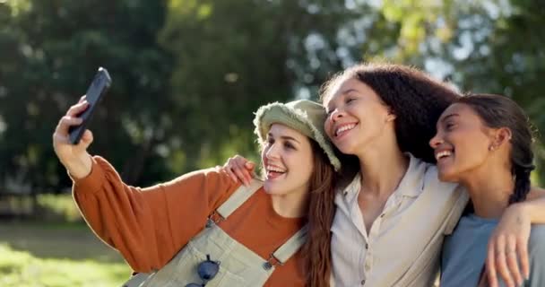 Przyjaciele Kemping Selfie Kobiety Przyrodzie Letnie Wakacje Wraz Uśmiechem Drzewami — Wideo stockowe