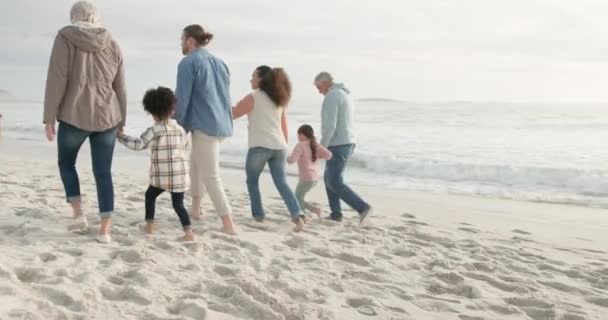 一代又一代 海滩和孩子们手牵着手 与跨种族的人共度美好时光 孩子和大家庭在海洋中得到支持 在户外度假或冒险 — 图库视频影像