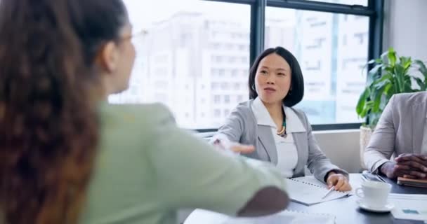 Reunión Negocios Apretón Manos Mujer Para Éxito Entrevista Contratación Reunión — Vídeos de Stock