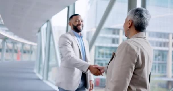 与同事握手和商务人士在工作中会面 寻求交易 合作或欢迎 公司和员工在办公室里通过对话 合同和协议握手 — 图库视频影像