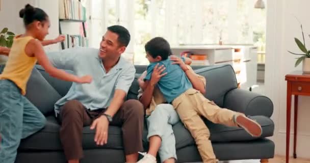 Family Hug Children Parents Living Room Home Comfort Young Kids — Stock Video