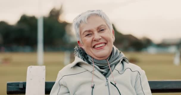 Ansigt Senior Kvinde Sjov Park Bænk Ferie Ferie Eller Rejse – Stock-video