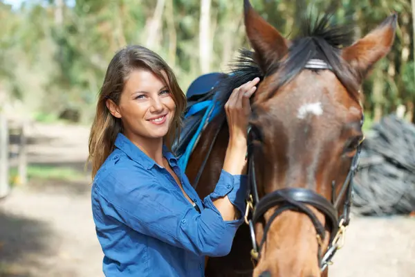Woman, portrait and horse, animal and equestrian with riding outdoor, countryside and ranch. Sports, recreation and farm with young rider, stable and jockey with mare or pet, training for rodeo.