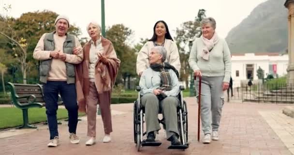 Rentner Spaziergänger Und Ältere Freunde Park Für Bindung Wellness Und — Stockvideo