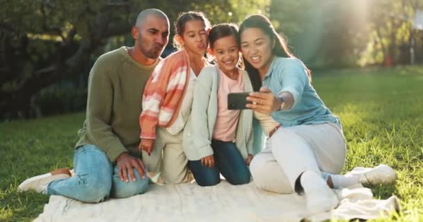 Gelukkige Familie Selfie Picknick Deken Het Park Ontspannen Hechting Samen — Stockvideo