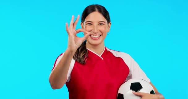 Hand Perfect Face Happy Woman Soccer Ball Studio Training Vote — Stock Video