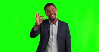 Tamam işaret, iş ve mutlu siyah adam destek, anlaşma ve başarı için yeşil ekranda. Heyecanlı, erkek girişimcinin portresi ve stüdyosu. Promosyon için el hareketi..
