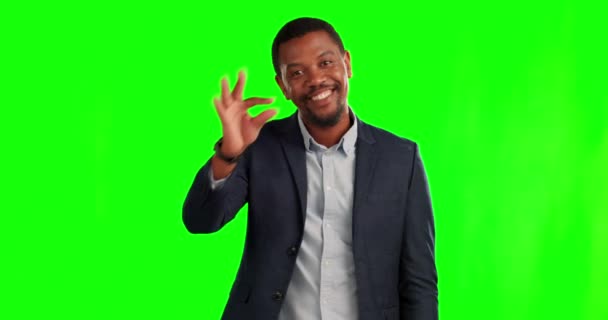 Добре Знак Бізнес Щасливий Чорний Чоловік Зеленому Екрані Підтримки Згоди — стокове відео