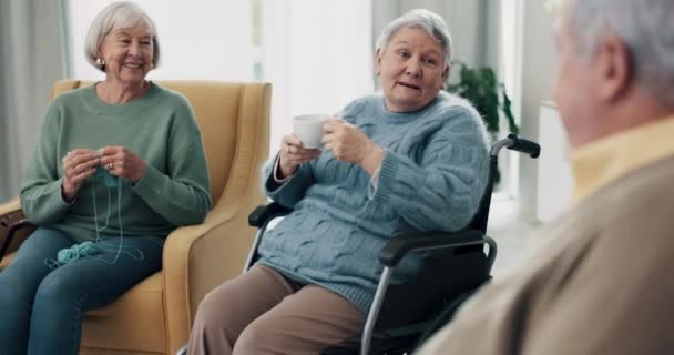Discusión Amigos Felices Ancianos Conversando Uniéndose Relajándose Juntos Sala Estar — Vídeo de stock