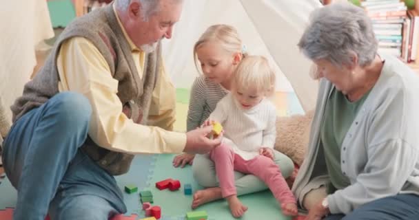 玩耍和祖父母与孩子和一个玩具的结合 保姆或照顾在一起 帮助和一个老男人和女人 带着小孩 带着块 在客厅地板上玩游戏 — 图库视频影像
