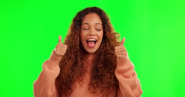 Szczęśliwa Kobieta Twarz Kciuki Góry Wygraną Zielonym Ekranie Sukcesie Lub — Wideo stockowe