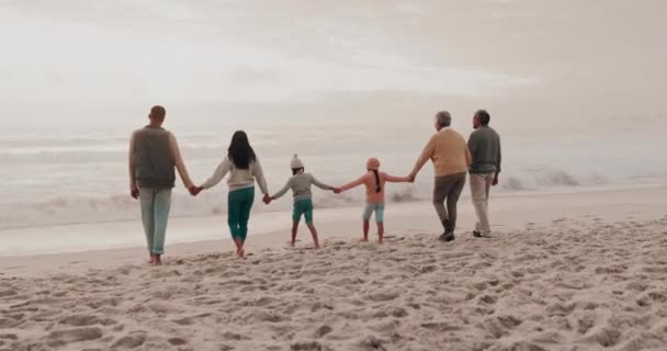 在热带度假或度假时 回来和大家庭手牵手在海滩上 日落和孩子们与祖父母和父母一起在沙滩上度过周末旅行 — 图库视频影像