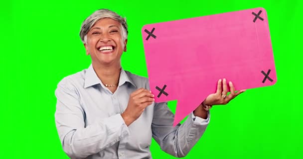 Bolha Fala Tela Verde Retrato Uma Mulher Negócios Para Anúncio — Vídeo de Stock