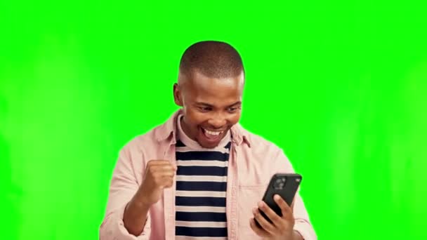 Телефон Переможець Людина Зеленому Екрані Перемогу Успіх Або Новини Бонусу — стокове відео