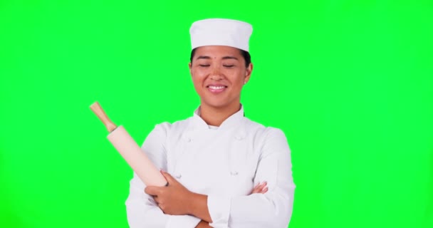 Chef Mulher Rolo Uma Tela Verde Com Sorriso Orgulho Para — Vídeo de Stock