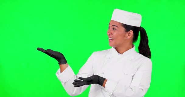 Groen Scherm Vrouwelijk Gezicht Chef Kok Wijzend Naar Checklist Menu — Stockvideo