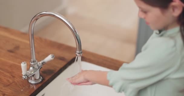 Sprzątanie Ręce Dziewczyny Dziecka Mydłem Zlewie Kuchennym Poznawanie Bakterii Mycie — Wideo stockowe