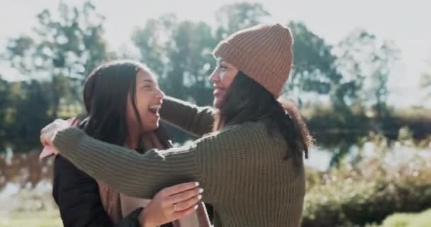 Mujeres Con Amor Naturaleza Camping Con Abrazo Aventura Juntos Bosque — Vídeos de Stock