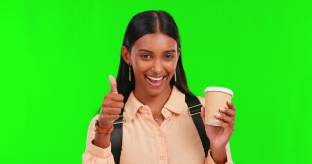 Зеленый Экран Индийская Женщина Студент Большим Пальцем Вверх Кофе Сумка — стоковое видео