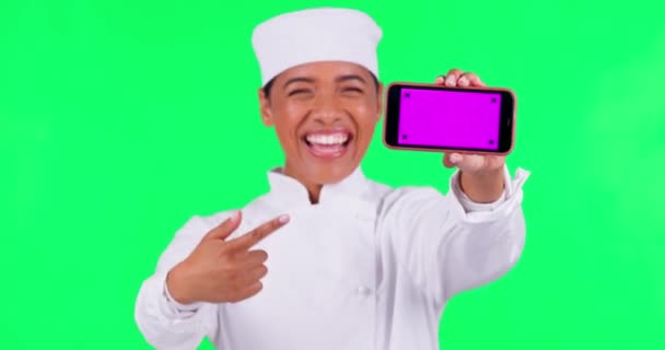Cara Mujer Chef Teléfono Pantalla Verde Para Promoción Del Restaurante — Vídeo de stock