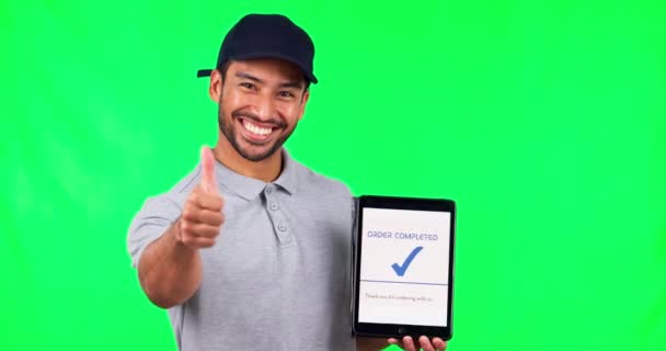 Asian Man Tablet Thumbs Green Screen Payment Success Studio Background — Stock Video