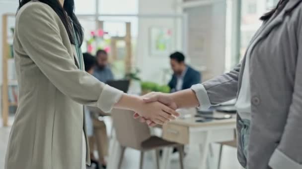 商界人士 握手和合作 在办公室为B2B 交易或协议而聚会 女人握手致意 介绍或感谢你的团队精神 晋升或在工作场所受到的欢迎 — 图库视频影像