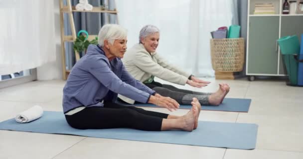 Senior Mulheres Fitness Alongamento Uma Sala Estar Para Exercício Treino — Vídeo de Stock