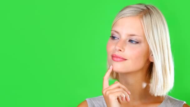 Pensamento Tela Verde Rosto Mulher Feliz Com Ideias Escolha Expressão — Vídeo de Stock
