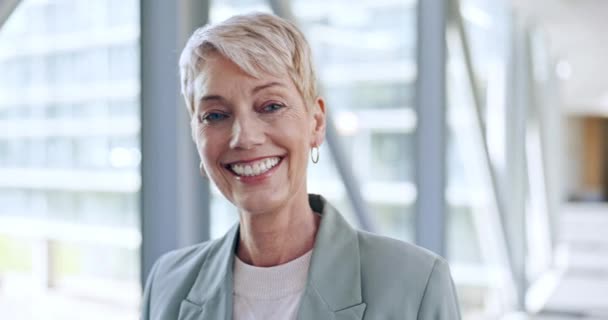Ansigt Advokat Senior Kvinde Kontor Erhvervslivet Selskab Advokat Portræt Glad – Stock-video