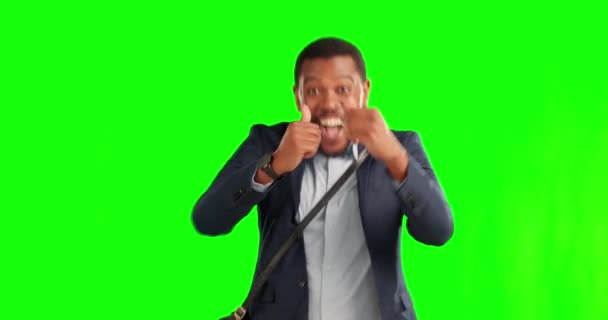 Великі Пальці Вгору Бізнес Щасливий Чорний Чоловік Зеленому Екрані Підтримки — стокове відео