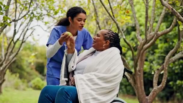 Caregiver Senior Woman Park Wellness Apple Conversation Garden Fruit Health — Stock Video