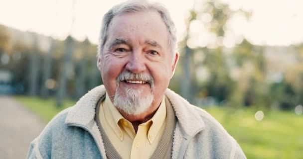 Szczęśliwy Starszy Mężczyzna Portret Świeżym Powietrzu Parku Szczęściem Pozytywnym Nastawieniem — Wideo stockowe