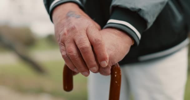 在公园里散步呼吸新鲜空气 运动或安宁的手 手杖和老人 特写镜头和退休老年男性 在室外花园拿着一根支撑杆 — 图库视频影像