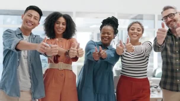 团队合作 竖起大拇指和商人为成功 谢谢或赢得 喜欢在营销代理签名 性格开朗 手感好或情绪化的快乐的多样性群体或男女的画像 — 图库视频影像