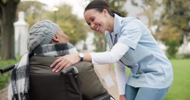 Verpleegster Gelukkig Park Met Oude Vrouw Een Rolstoel Voor Pensionering — Stockvideo