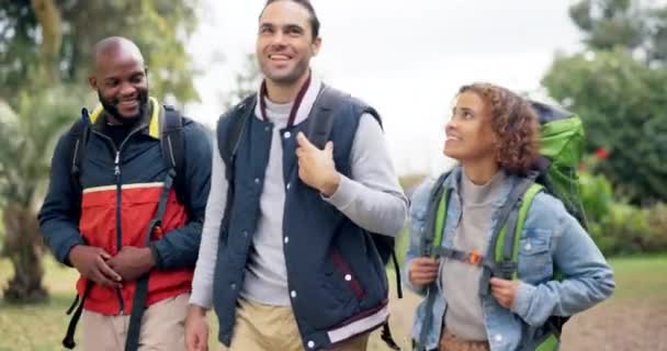 徒步旅行 群策群力 带着自由和背包的年轻人和朋友们的户外度假 愉快的旅行和冒险 — 图库视频影像