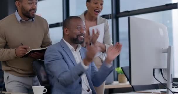 Clapping Hands Celebration Business People Office Computer Teamwork Success Diversity — Stock Video