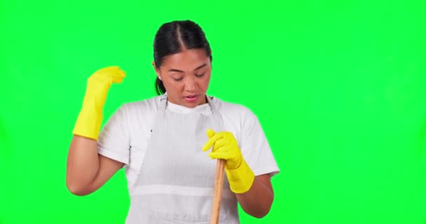 Green Screen Tired Cleaner Portrait Woman Gloves Fatigue Burnout Cleaning — Stock Video
