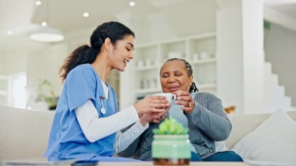Kawa Dojrzały Pacjent Szczęśliwa Kobieta Opiekun Lub Wolontariusz Opieki Domowej — Wideo stockowe