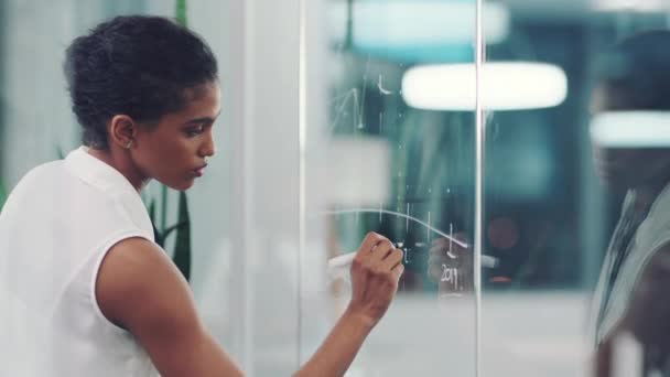 オフィス ビジネス女性の計画プロジェクトは オフィスでガラスホワイトボードに書いている間 会社ビジョン アイデア 職場でのソリューションに取り組む企業 プロフェッショナル 女性従業員 — ストック動画