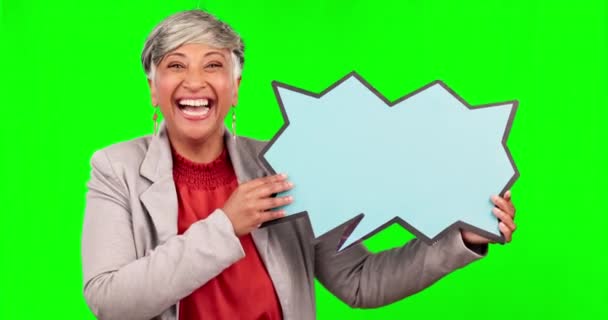 Happy Zakenvrouw Spraakbellenportret Groen Scherm Voor Aankondiging Stem Nieuws Volwassen — Stockvideo